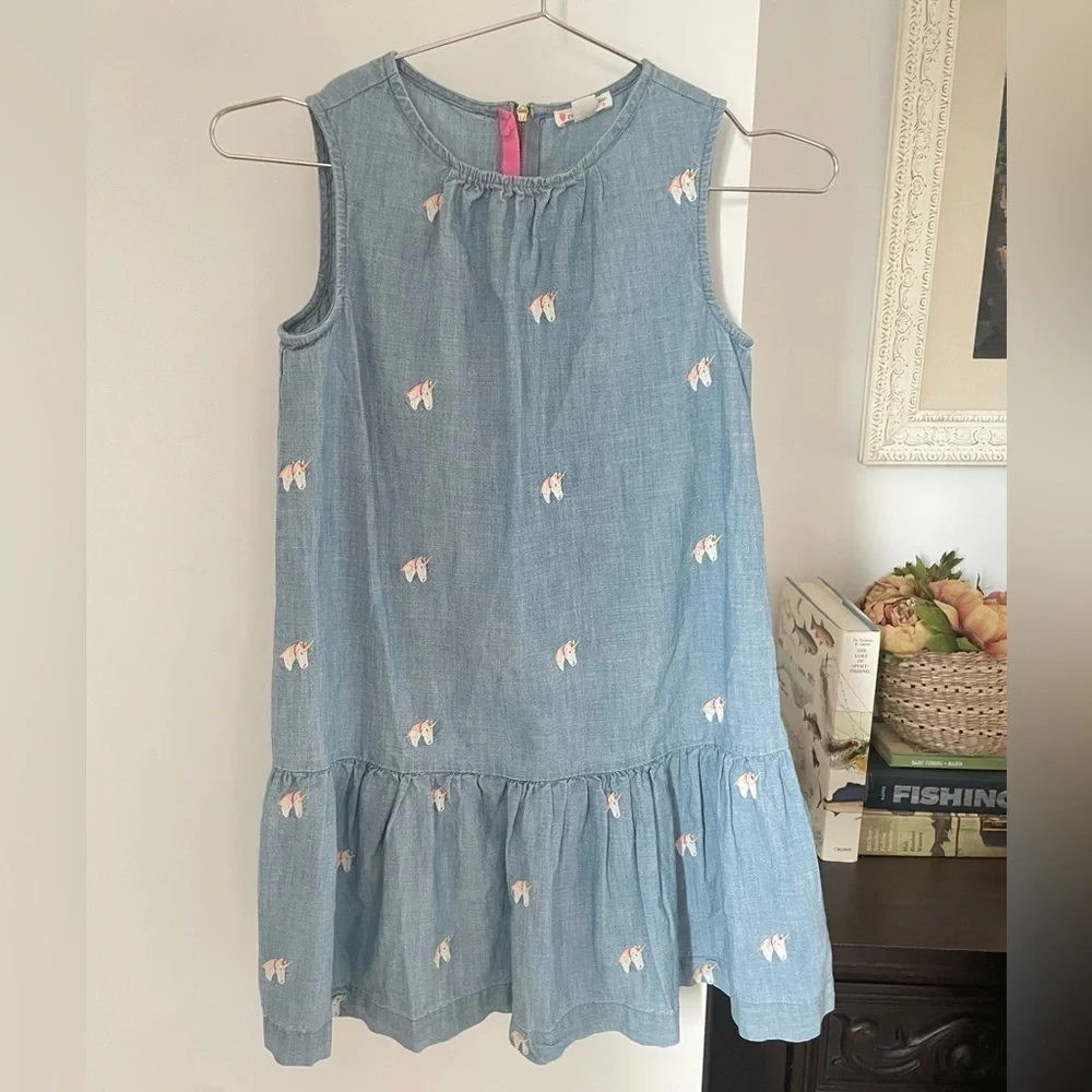Crewcuts Unicorn Chambray Dress Ruffle Bottom NWOT size 10